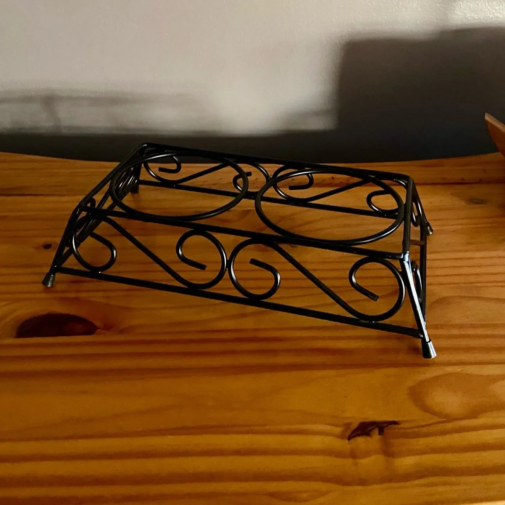 Vintage Dog Food and Water Bowl Stand in Black Metal